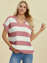 Load image into Gallery viewer, Double Take Full Size Striped V-Neck Short Sleeve Sweater