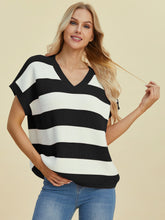 Load image into Gallery viewer, Double Take Full Size Striped V-Neck Short Sleeve Sweater